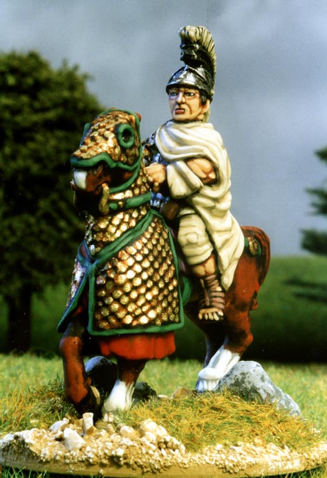I HAVE MOUNTED HIM ON A LATE ROMAN HALF ARMOURED HORSE BUT THESE WERE USED THROUGHOUT THE PERIOD