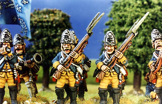 (BASICALLY CHOPPING THE HAT OF A FUSILEER AND STICKING IT ON A FREI CORP MUSKETEER) THE PRUSSIAN FUSILLEERS HAVE THE SMALL MITRE CAP. click to go to syw section