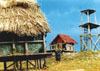 Thatched roof building with corrugated iron roof building in background with gun tower