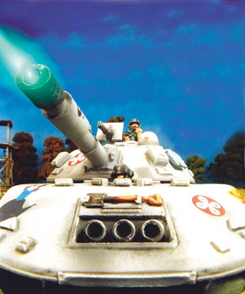 Main weapon firing, the mine laying mortar is clearly visible at the front of the tank